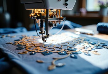 Industrial sewing machine stitching fabric with gold coins for a craft project