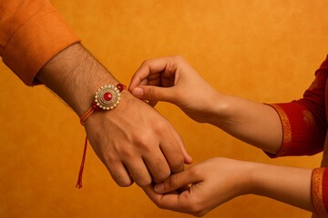 Detailed close-up of rakhi tied on wrist in colourful festive ritual