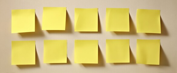 The collection of blank yellow sticky notes on a simple background.