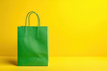Bright green paper shopping bag against a yellow backdrop.