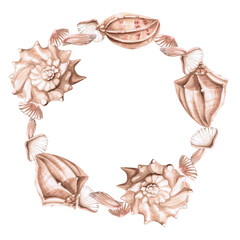 Round frame of sea shells. Isolated watercolor illustration on a marine theme for the design of printed products, tableware, printing on textiles, interior design.