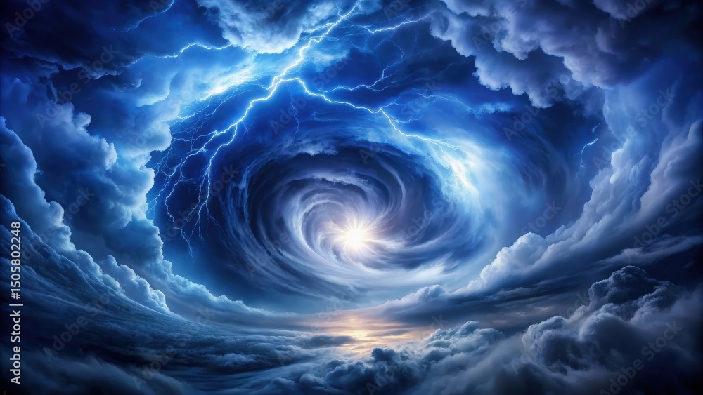 Poster a swirling vortex of clouds, illuminated by bolts of lightning, creates a celestial gateway to a bri