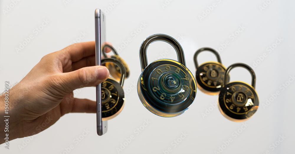 Aufkleber Image of a hand holding a smartphone with multiple combination locks floating nearby, symbolizing digital security.