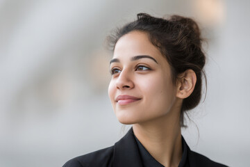 portrait of confident lawyer with bright smile positioned on left side of frame