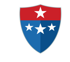 Red and blue shield with five white stars graphic design