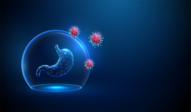 Abstract blue human stomach inside a glass dome attacked by red viruses. Stomach protection, viral infection, digestive disease, treatment concept