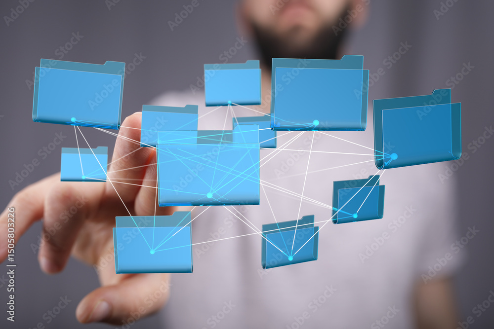 Poster conceptual image of data management, networking, and cloud storage.