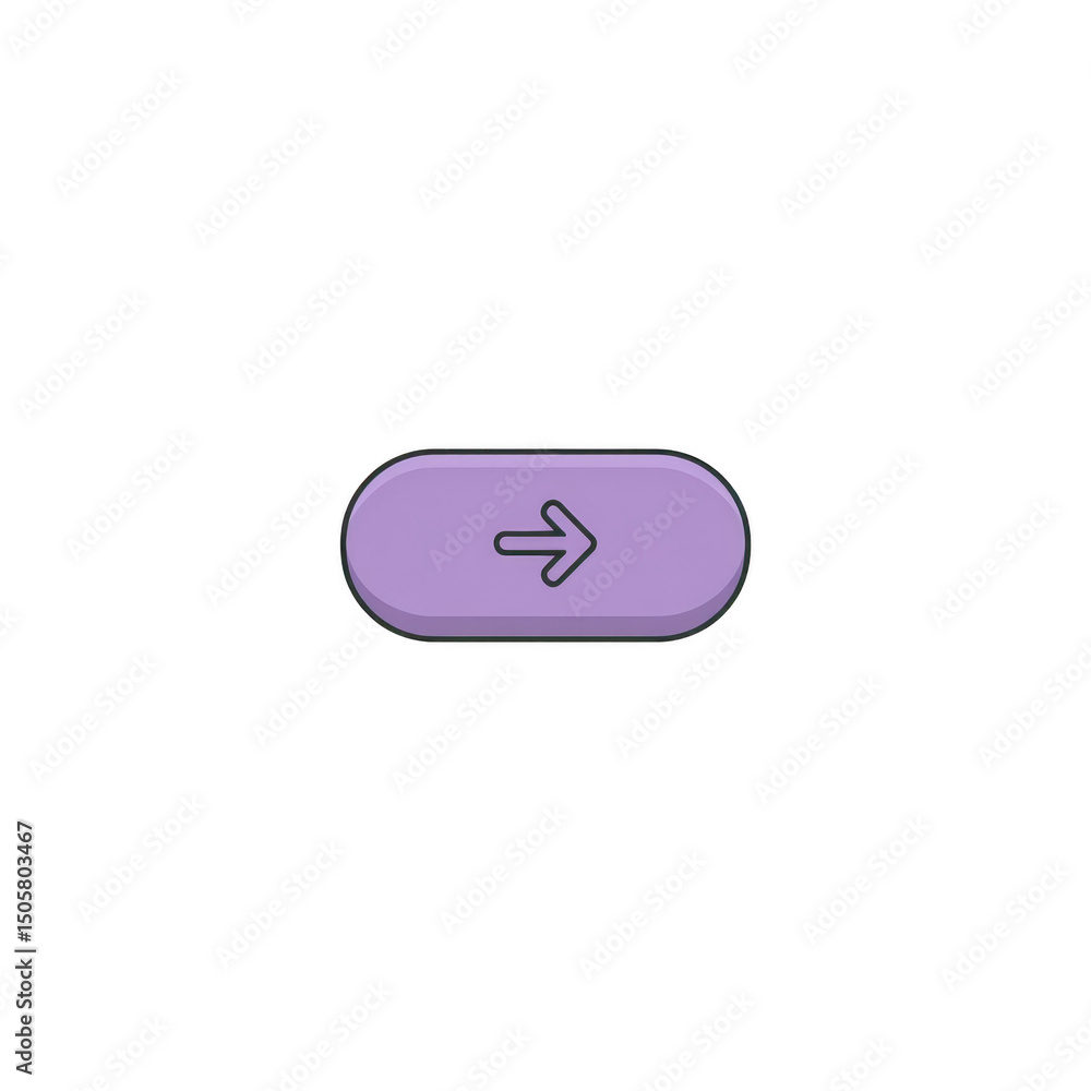 Poster purple oval button with right pointing arrow symbol, isolated on transparency background, conveys se