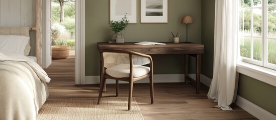 Rustic wooden desk with woven chair in bedroom.