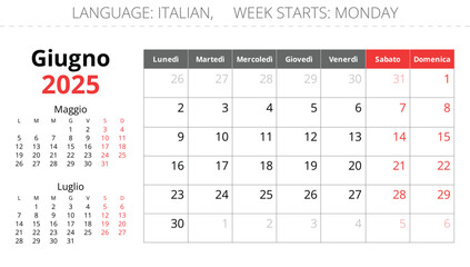 Calendar for month june 2025. Italian. Vector illustrations. Italy