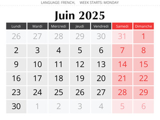 French calendar for june 2025. Vector illustration of summer month France - juin calendrier