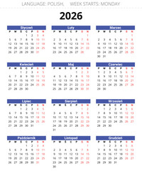 2026 year polish calendar. Printable, editable vector illustration Poland