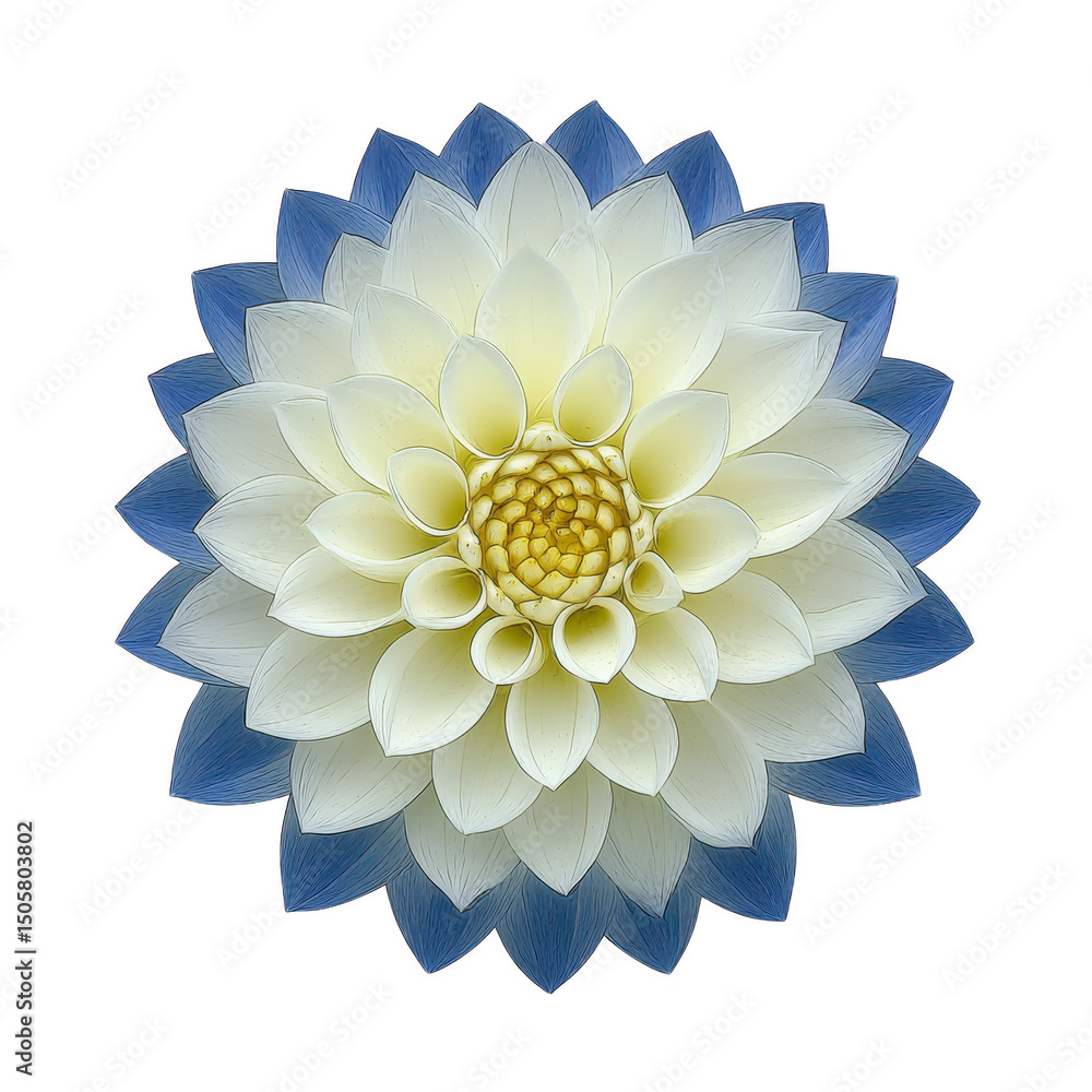 Poster symmetrical, intricate flower design with layered petals in shades of white and blue, creating capti