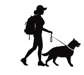 Woman hiking with backpack and dog silhouette