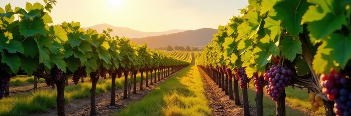 Fototapeta premium Rows of lush grapevines stretching across a sun-drenched vineyard, ripe grapes hanging heavy on the vines, ready for harvest The idyllic scene showcases the beauty of wine country , summer, leaves