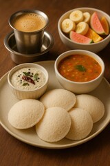 Idli platter with coconut chutney, sambar, sliced tropical fruits, and filter coffee on wooden table

