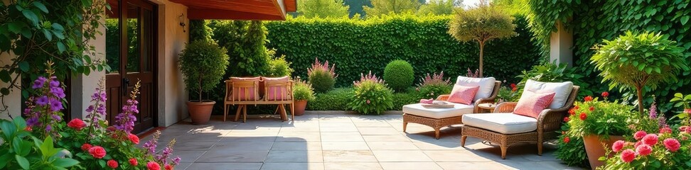 Fototapeta premium A vibrant and inviting patio garden bursting with colorful flowers, lush greenery, and charming outdoor furniture Perfect for relaxation and entertaining , metal, outdoor garden, stone