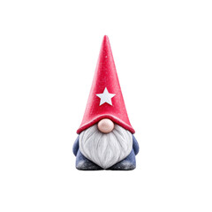 Cute garden gnome with long white beard and tall red hat featuring white star stands against plain background. gnome whimsical appearance adds charm and character