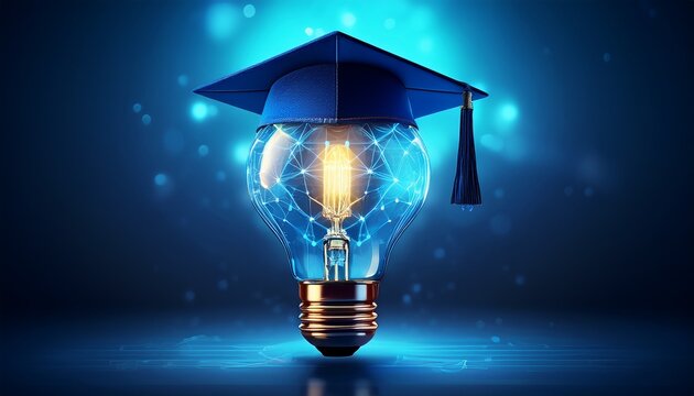 futuristic bachelor cap glowing bulb on blue bulb college inspiration