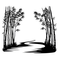 A winding path passes through tall, slender bamboo stalks on both sides.
