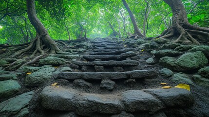 Obraz premium Ancient stone steps winding through lush jungle