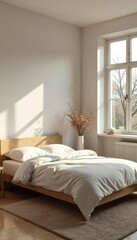 Serene minimalist bedroom featuring a simple bed, muted tones, and natural light; emphasizing calm and tranquility for restful sleep , neutral colors, beige, sanctuary