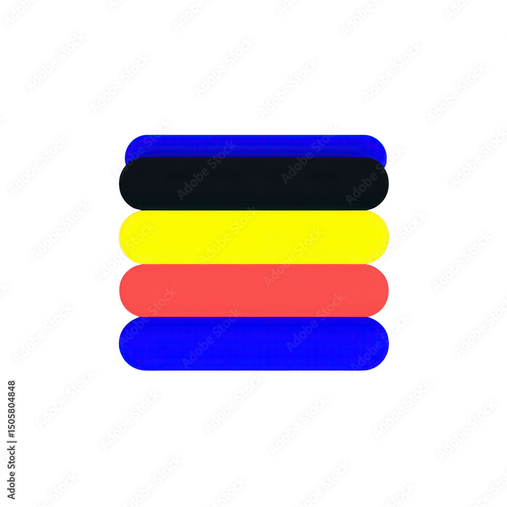 Poster stack of four rounded rectangles in black, yellow, red, and blue is arranged vertically. shapes are 