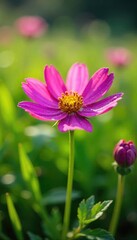 Close-up of a vibrant, dew-kissed wildflower blooming in a lush green meadow, bathed in soft sunlight A perfect representation of untamed, natural beauty , pollen, botany, nature