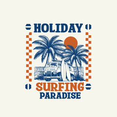 Holiday Surfing Paradise sunset palm tree vector illustration