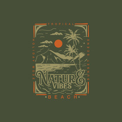 Nature Vibes Tropical beach scene vintage vector illustration