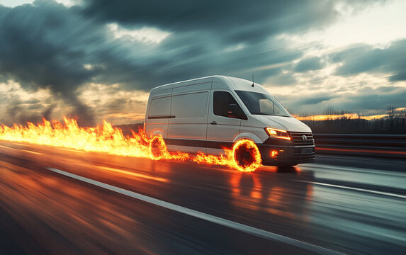 Fototapeta A white delivery van engulfed in flames speeds down a road, with the fire concentrated around the wheels. The background shows a city skyline under a cloudy sky.