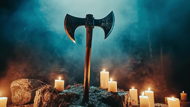 A mystical axe surrounded by candles in a foggy forest setting.