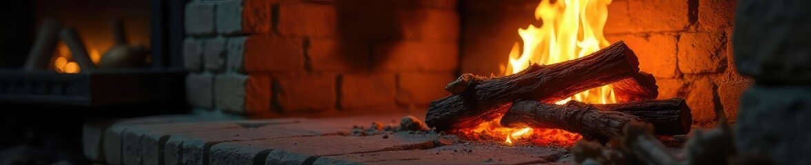 Naklejka premium Crackling firewood flames dance in a cozy fireplace, casting warm, inviting light and shadows on the surrounding stone Perfect for autumn, winter, and holiday themes , orange, bright, crackling