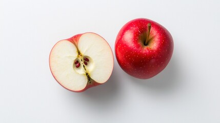 Red Apple and Halved Apple on White Background