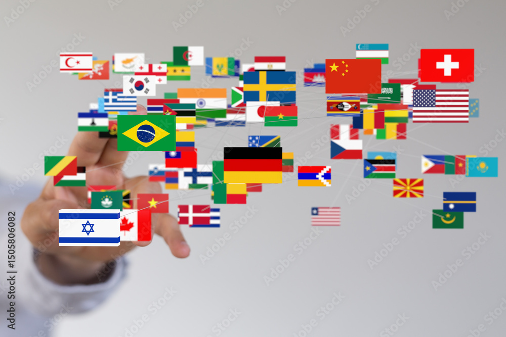 Poster a hand interacts with a network of flags, symbolizing global collaboration and interconnectedness.