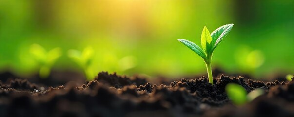 Close-up of vibrant green shoots emerging from the earth, sunlight illuminating dew drops, signifying renewal and the breath of spring , root, growth, plant