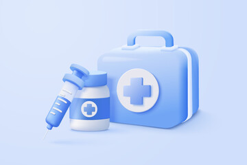 3d first aid medicine box with plus icon. Vaccination medical equipment, emergency pack, hospital or ambulance safety bag. medical pharmacy medicament. 3d medicine cure icon vector render illustration