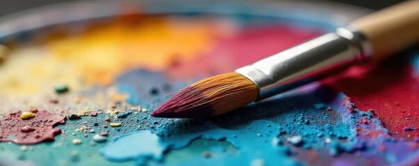 Fototapeta premium A close-up shot of a paintbrush resting on a vibrant, colorful palette, ready for artistic creation The bristles are slightly splayed, suggesting recent use , palette, design