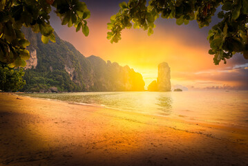 Tropical scenery with Pai Plong Beach at sunset, Krabi, Thailand.
