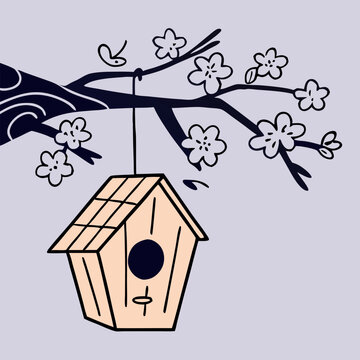 birdhouse hanging from flowering tree branch clip art preview