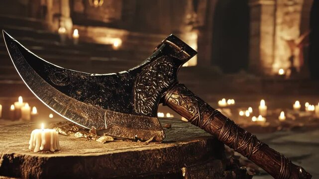 A beautifully crafted ornate axe rests on a dimly lit stone table.