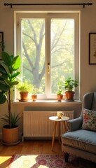 A bright and cheerful Monday morning scene, featuring sunshine streaming through a window onto a cozy, inviting space, perfect for a productive and happy start to the week , productive, simple