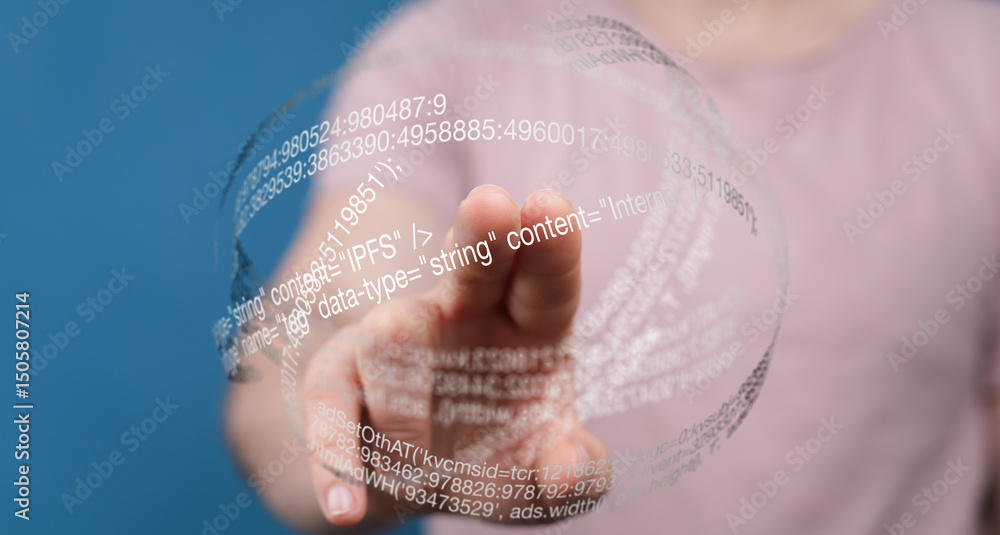 Poster Close-up of a person's hand interacting with a digital sphere of data, showcasing modern technology.