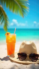 A vibrant summer scene featuring trendy sunglasses, a straw hat, and refreshing cocktails on a sun-drenched beach Perfect for travel, summer vibes, and lifestyle blogs , vacation, travel, holiday
