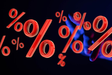 3D rendered image of red percentage symbols, ideal for discount and sale promotions.