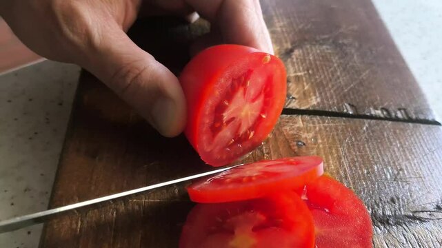 Cortar tomate en laminas rodajas para ensalada potasio
