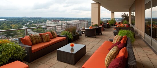 Rooftop patio with orange couches, cityscape view.