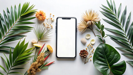 Modern smartphone mockup with tropical leaves and flowers