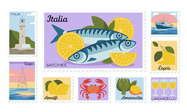 Modern vectors of postage stamp illustrations inspired by Italian coastal themes, summer stamp from Italy, are easily editable and scalable.