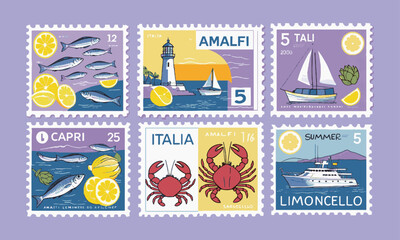Modern vectors of postage stamp illustrations inspired by Italian coastal themes, summer stamp from Italy, are easily editable and scalable. © TrustMaker Design